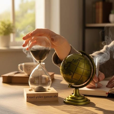 Kişiye Özel Dekoratif Dünya Küresi 10cm ve Kum Saati Masaüstü Seti 