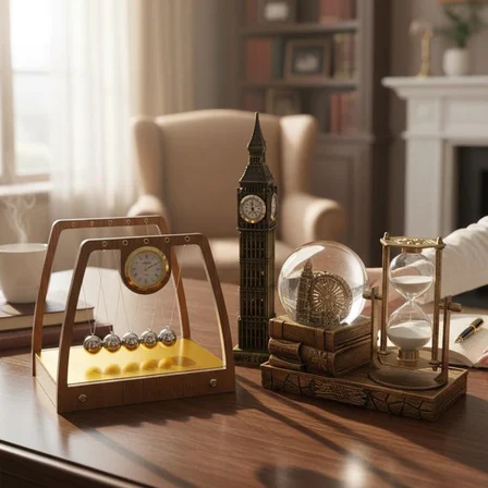 Kişiye Özel Vintage Dekoratif Masaüstü Seti Newton Denge Topları Big Ben Saat Kum Saati ve Kar Küres