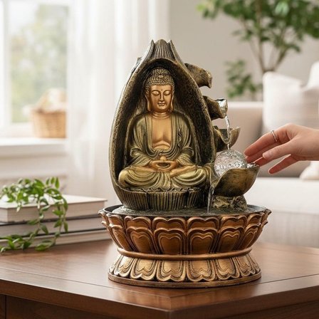 Dekoratif Büyük Şelaleli LED Işıklı Buddha Masaüstü Dekoratif Su Çeşmesi – Feng Shui Meditasyon ve E