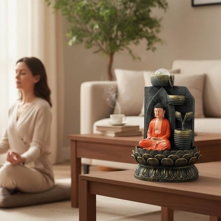 Dekoratif Büyük Şelaleli LED Işıklı Buddha Masaüstü Dekoratif Su Çeşmesi – Akan Su Efektli Feng Shui