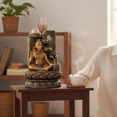 Dekoratif Büyük Şelaleli LED Işıklı Shiva Masaüstü Dekoratif Su Çeşmesi – Akan Su Efektli Feng Shui,
