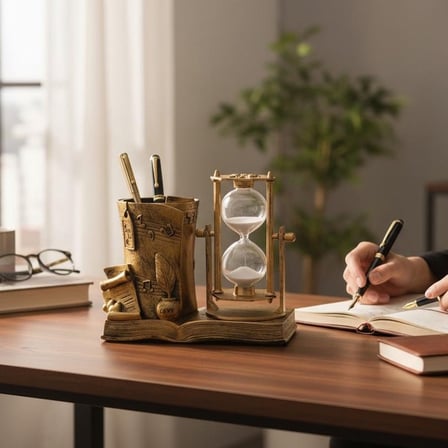 Dekoratif Kum Saatli Kalemlik – Vintage Müzik Desenli Masaüstü Organizer