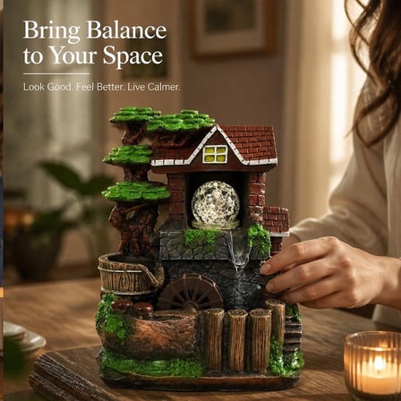 LED Işıklı Şelaleli Değirmen Ev Dekoratif Masaüstü Su Çeşmesi – Feng Shui Meditasyon ve Ofis Ev Deko