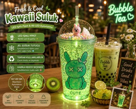 LED Işıklı Pipetli Kawaii Chibi Sevimli Tavşan Figürlü Çift Katlı İçecek Bardağı Suluk 450 ML Yeşil