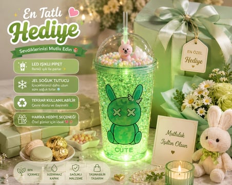 LED Işıklı Pipetli Kawaii Chibi Sevimli Tavşan Figürlü Çift Katlı İçecek Bardağı Suluk 450 ML Yeşil