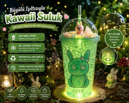LED Işıklı Pipetli Kawaii Chibi Sevimli Tavşan Figürlü Çift Katlı İçecek Bardağı Suluk 450 ML Yeşil