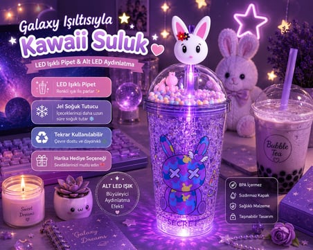 LED Işıklı Pipetli Kawaii Chibi Sevimli Tavşan Figürlü Çift Katmanlı İçecek Bardağı Suluk 450 ML Mor