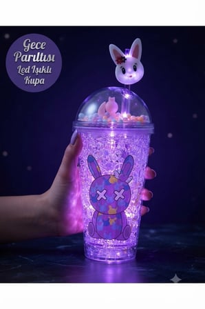 LED Işıklı Pipetli Kawaii Chibi Sevimli Tavşan Figürlü Çift Katmanlı İçecek Bardağı Suluk 450 ML Mor