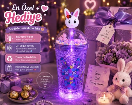 LED Işıklı Pipetli Kawaii Chibi Sevimli Tavşan Figürlü Çift Katmanlı İçecek Bardağı Suluk 450 ML Mor
