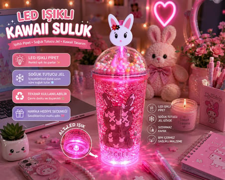 LED Işıklı Pipetli Kawaii Chibi Sevimli Tavşan Figürlü Çift Katlı İçecek Bardağı Suluk 450ML Kırmızı