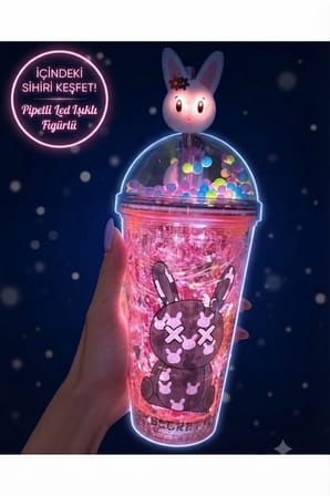 LED Işıklı Pipetli Kawaii Chibi Sevimli Tavşan Figürlü Çift Katlı İçecek Bardağı Suluk 450ML Kırmızı
