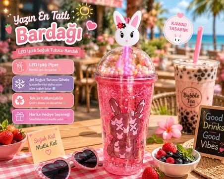 LED Işıklı Pipetli Kawaii Chibi Sevimli Tavşan Figürlü Çift Katlı İçecek Bardağı Suluk 450ML Kırmızı