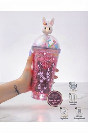 LED Işıklı Pipetli Kawaii Chibi Sevimli Tavşan Figürlü Çift Katlı İçecek Bardağı Suluk 450ML Kırmızı