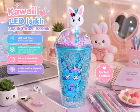 LED Işıklı Pipetli Kawaii Chibi Sevimli Tavşan Figürlü Çift Katmanlı İçecek Bardağı Suluk 450ML Mavi