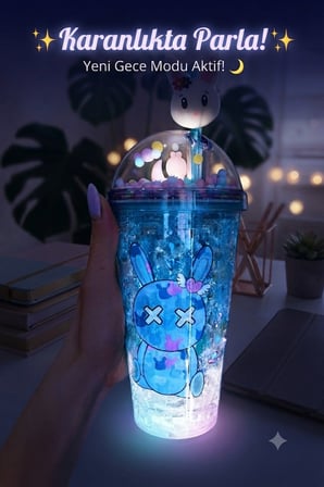 LED Işıklı Pipetli Kawaii Chibi Sevimli Tavşan Figürlü Çift Katmanlı İçecek Bardağı Suluk 450ML Mavi