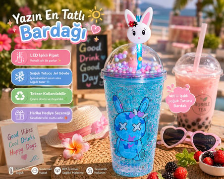 LED Işıklı Pipetli Kawaii Chibi Sevimli Tavşan Figürlü Çift Katmanlı İçecek Bardağı Suluk 450ML Mavi