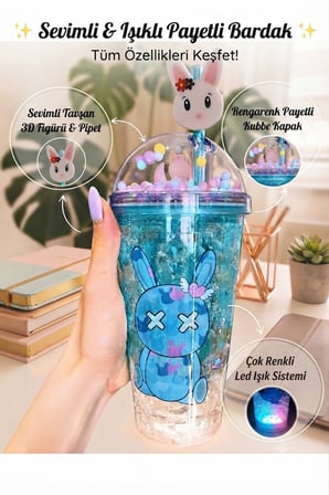 LED Işıklı Pipetli Kawaii Chibi Sevimli Tavşan Figürlü Çift Katmanlı İçecek Bardağı Suluk 450ML Mavi