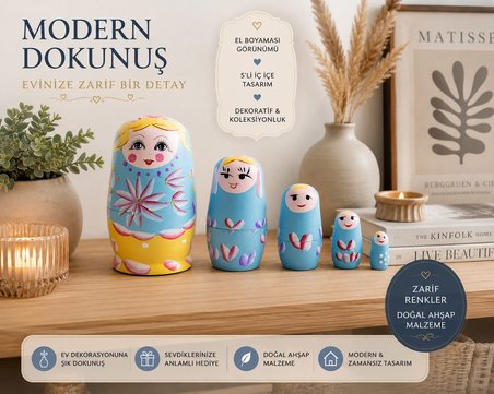 5'li Ahşap Matruşka Rus Bebek Seti El Boyaması İç İçe Geçen Dekoratif Oyuncak Ev Dekoru Hediye MAVİ