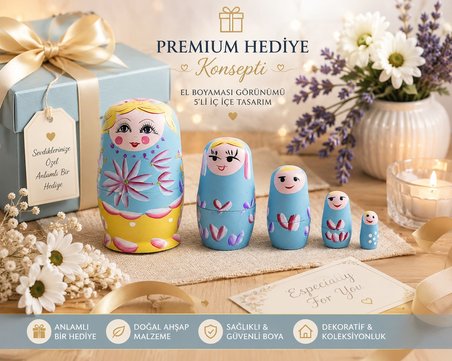 5'li Ahşap Matruşka Rus Bebek Seti El Boyaması İç İçe Geçen Dekoratif Oyuncak Ev Dekoru Hediye MAVİ