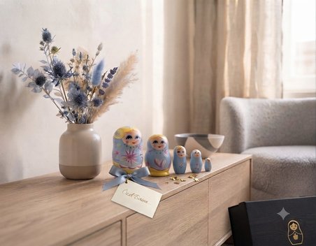 5'li Ahşap Matruşka Rus Bebek Seti El Boyaması İç İçe Geçen Dekoratif Oyuncak Ev Dekoru Hediye MAVİ