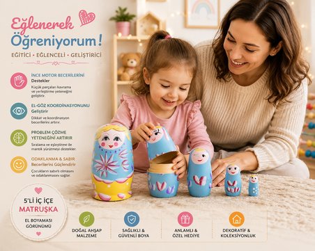 5'li Ahşap Matruşka Rus Bebek Seti El Boyaması İç İçe Geçen Dekoratif Oyuncak Ev Dekoru Hediye MAVİ