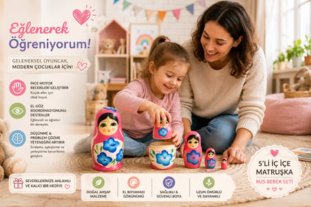 5'li Ahşap Matruşka Rus Bebek Seti El Boyaması İç İçe Geçen Dekoratif Oyuncak Ev Dekoru Hediye PEMBE