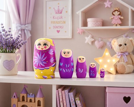 5'li Ahşap Matruşka Rus Bebek Seti El Boyaması İç İçe Geçen Dekoratif Oyuncak Ev Dekoru Hediye MOR