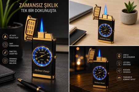 Sevgiliye Hediye İsime Kişiye Özel LED Işıklı Rüzgara Dayanıklı Saatli Metal Çakmak Dolu Gönderim GF