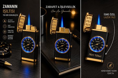 Sevgiliye Hediye İsime Kişiye Özel LED Işıklı Rüzgara Dayanıklı Saatli Metal Çakmak Dolu Gönderim GF