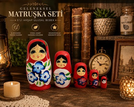 5'li Ahşap Matruşka Rus Bebek Seti El Boyama İç İçe Geçen Dekoratif Oyuncak Ev Dekoru Hediye KIRMIZI