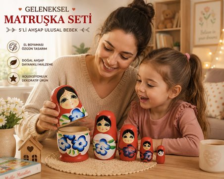 5'li Ahşap Matruşka Rus Bebek Seti El Boyama İç İçe Geçen Dekoratif Oyuncak Ev Dekoru Hediye KIRMIZI