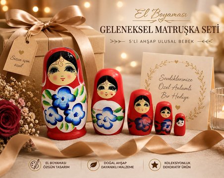 5'li Ahşap Matruşka Rus Bebek Seti El Boyama İç İçe Geçen Dekoratif Oyuncak Ev Dekoru Hediye KIRMIZI