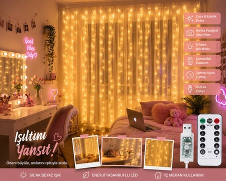 10 Sarkıtlı 8 Modlu 3x3 Metre Gün Işığı Perde LED Işık USB Kumandalı Yılbaşı Parti Aydınlatması