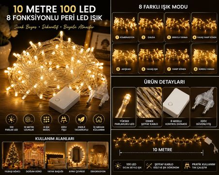 10 Metre 100 LEDLİ Gün Işığı Peri Led Işık 8 Fonksiyon Dekoratif Yılbaşı Ağacı Parti Ev Oda Süsleme
