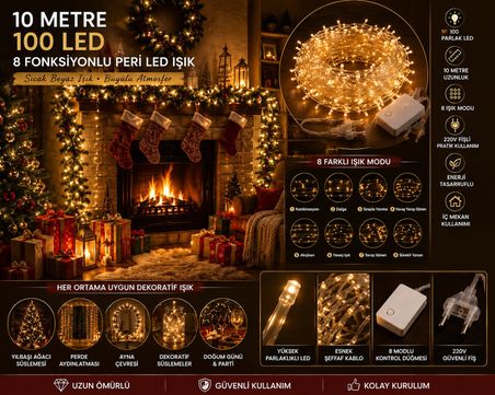 10 Metre 100 LEDLİ Gün Işığı Peri Led Işık 8 Fonksiyon Dekoratif Yılbaşı Ağacı Parti Ev Oda Süsleme
