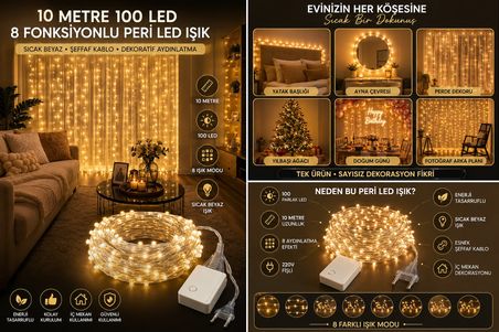 10 Metre 100 LEDLİ Gün Işığı Peri Led Işık 8 Fonksiyon Dekoratif Yılbaşı Ağacı Parti Ev Oda Süsleme
