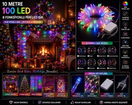 10 Metre 100 LEDLİ RGB Renkli Peri Led Işık 8 Fonksiyon Dekoratif Yılbaşı Ağacı Parti Ev Oda Süsleme