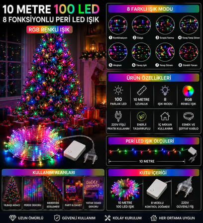 10 Metre 100 LEDLİ RGB Renkli Peri Led Işık 8 Fonksiyon Dekoratif Yılbaşı Ağacı Parti Ev Oda Süsleme