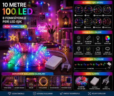 10 Metre 100 LEDLİ RGB Renkli Peri Led Işık 8 Fonksiyon Dekoratif Yılbaşı Ağacı Parti Ev Oda Süsleme