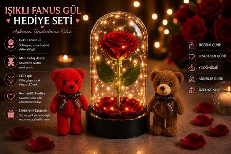 Led Işıklı Mika Fanus Solmayan Yapay Kırmızı Gül & 2 Mini Peluş Ayıcık Sevgiliye Romantik Hediye Set