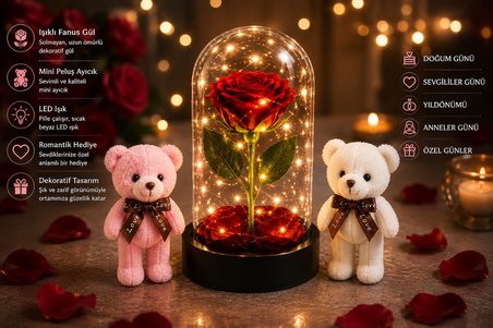 Led Işıklı Mika Fanus Solmayan Yapay Kırmızı Gül & 2 Mini Peluş Ayıcık Sevgiliye Romantik Hediye Set