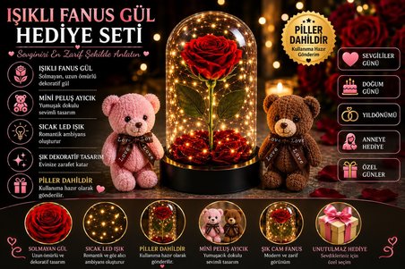 Led Işıklı Mika Fanus Solmayan Yapay Kırmızı Gül & 2 Mini Peluş Ayıcık Sevgiliye Romantik Hediye Set