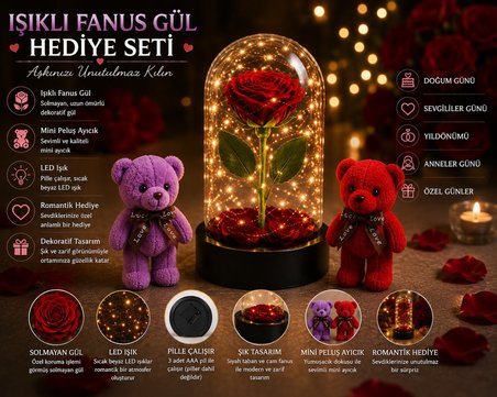 Led Işıklı Mika Fanus Solmayan Yapay Kırmızı Gül & 2 Mini Peluş Ayıcık Sevgiliye Romantik Hediye Set