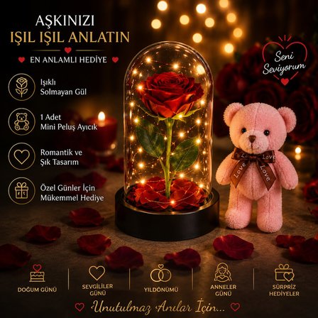 Led Işıklı Mika Fanus Solmayan Yapay Kırmızı Gül & 1 Mini Peluş Ayıcık Sevgiliye Romantik Hediye Set