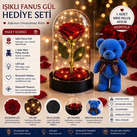 Led Işıklı Mika Fanus Solmayan Yapay Kırmızı Gül & 1 Mini Peluş Ayıcık Sevgiliye Romantik Hediye Set