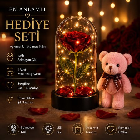 Led Işıklı Mika Fanus Solmayan Yapay Kırmızı Gül & 1 Mini Peluş Ayıcık Sevgiliye Romantik Hediye Set