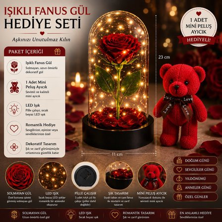 Led Işıklı Mika Fanus Solmayan Yapay Kırmızı Gül & 1 Mini Peluş Ayıcık Sevgiliye Romantik Hediye Set