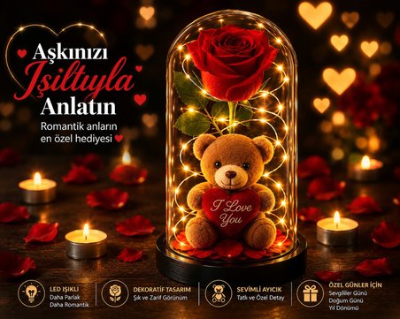 LED Işıklı Fanusta Yapay Gül ve Lüks Peluş Ayıcık Dekoratif Romantik Sevgililer Günü Hediyesi 20 cm