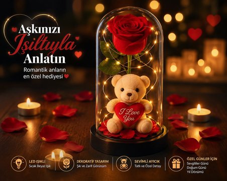 LED Işıklı Fanusta Yapay Gül ve Lüks Peluş Ayıcık Dekoratif Romantik Sevgililer Günü Hediyesi 20 cm