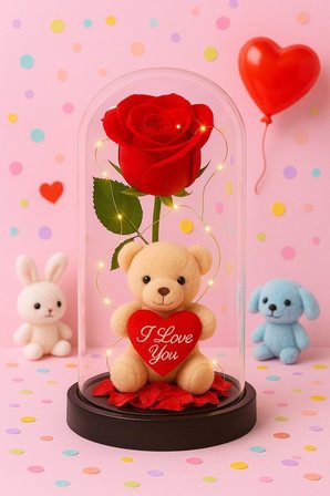 LED Işıklı Fanusta Yapay Gül ve Lüks Peluş Ayıcık Dekoratif Romantik Sevgililer Günü Hediyesi 20 cm